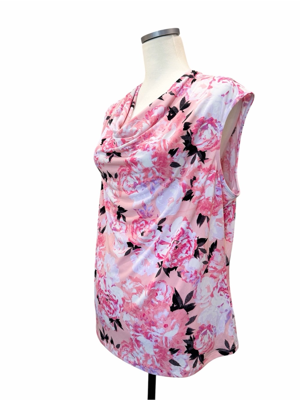 Kasper Floral Cowl Neck Top Cap Sleeve Shell Stretch Knit Pink Petite PXL NWT - Picture 6 of 14